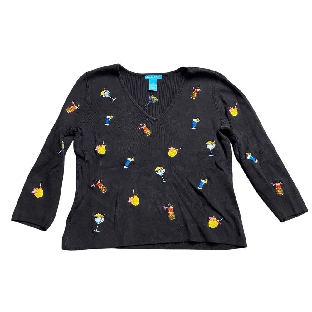 Vintage Alexandra Bartlett Fun Alcoholic Drinks Embroidered Sweater Large V Neck
